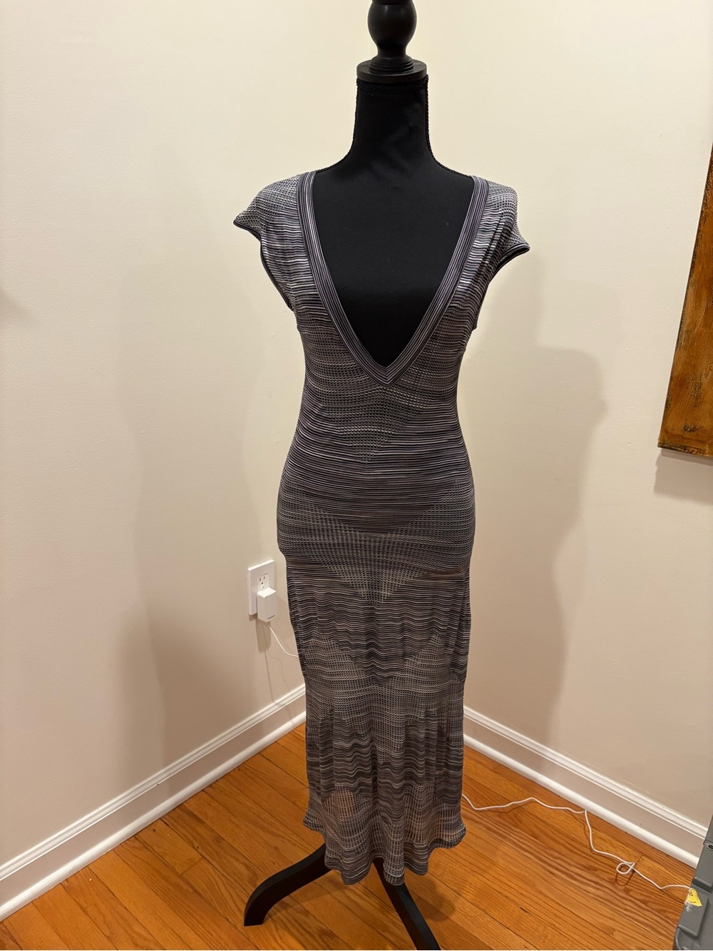 Sport Missoni Deep V-Neck Gray Ribbed Maxi Dress